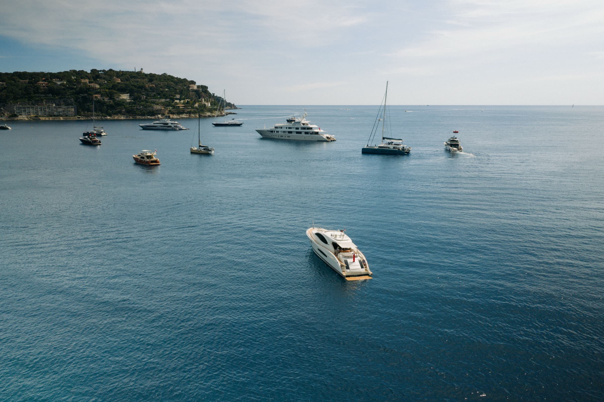 Drone shot of Sans Regret in open water